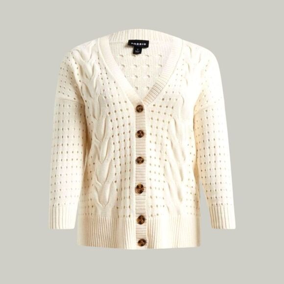 TORRID Plus Size Ivory Cable Boyfriend Cardigan Sweater 2X - Picture 1 of 14